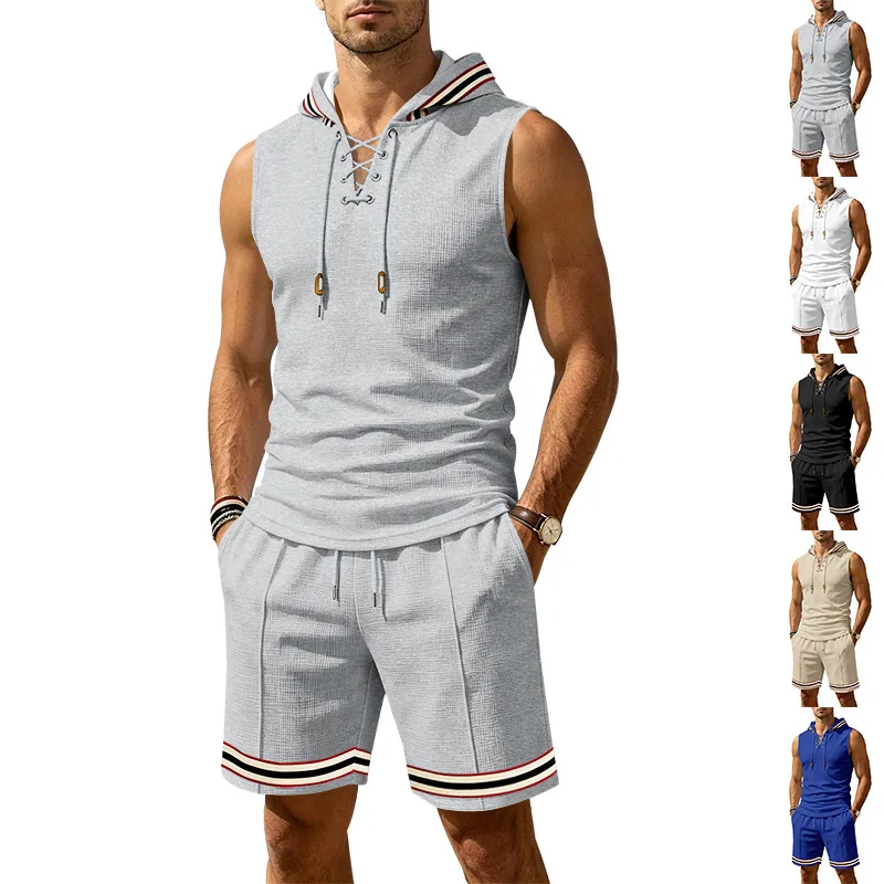 2026 Summer Loose Men's Casual Sports Waffle Contrast Color Hooded Vest Shorts Set