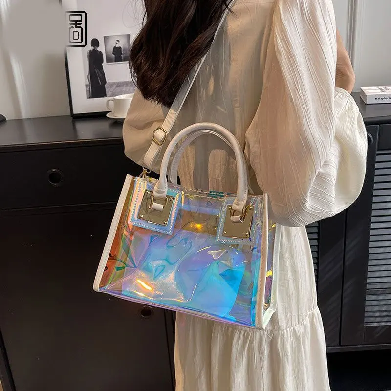 Bolso transparente portátil de gelatina láser de alta calidad para mujer con bolso cruzado Diagonal de hombro de caramelo Rectangular de gran capacidad