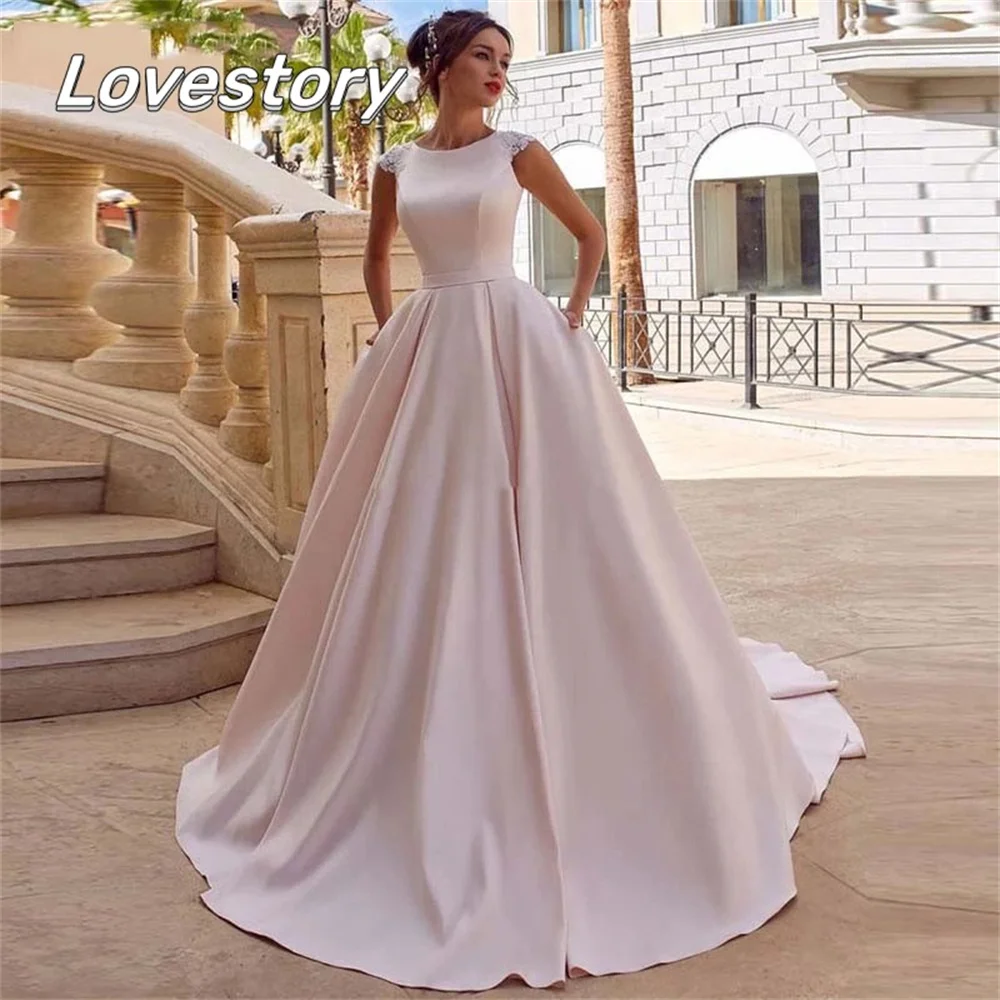 

A Line Wedding Dresses Satin Boho Pretty Princess Bride Robe Floor Length Bridal Gowns O-Neck Buttons Illusion Vestidos De Noiva