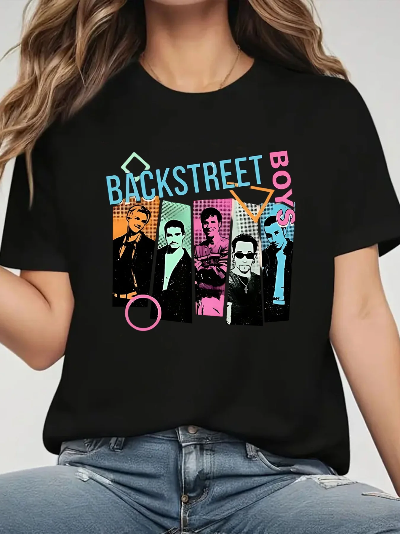 Women'S Backstreet Graphic T-Shirt - Retro Pop Art Print, Yellow Casual Crew Neck Tee with Colorful Band Member Illustrations,
