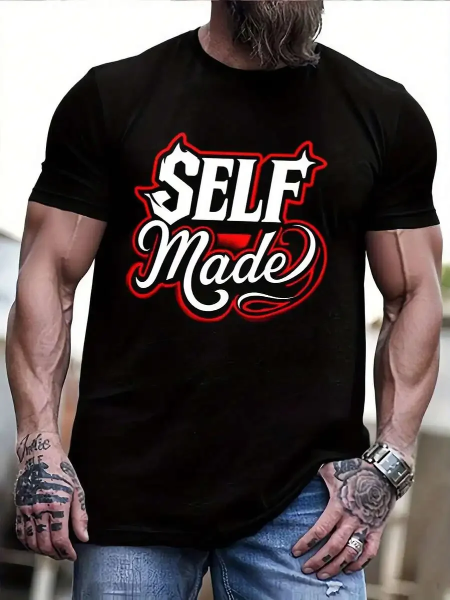 Men'S SELF MADE Motivational Graphic Tee| Lightweight Breathable Business Casual Shirt With Bold Self-Made Text, Black T-Shirt F