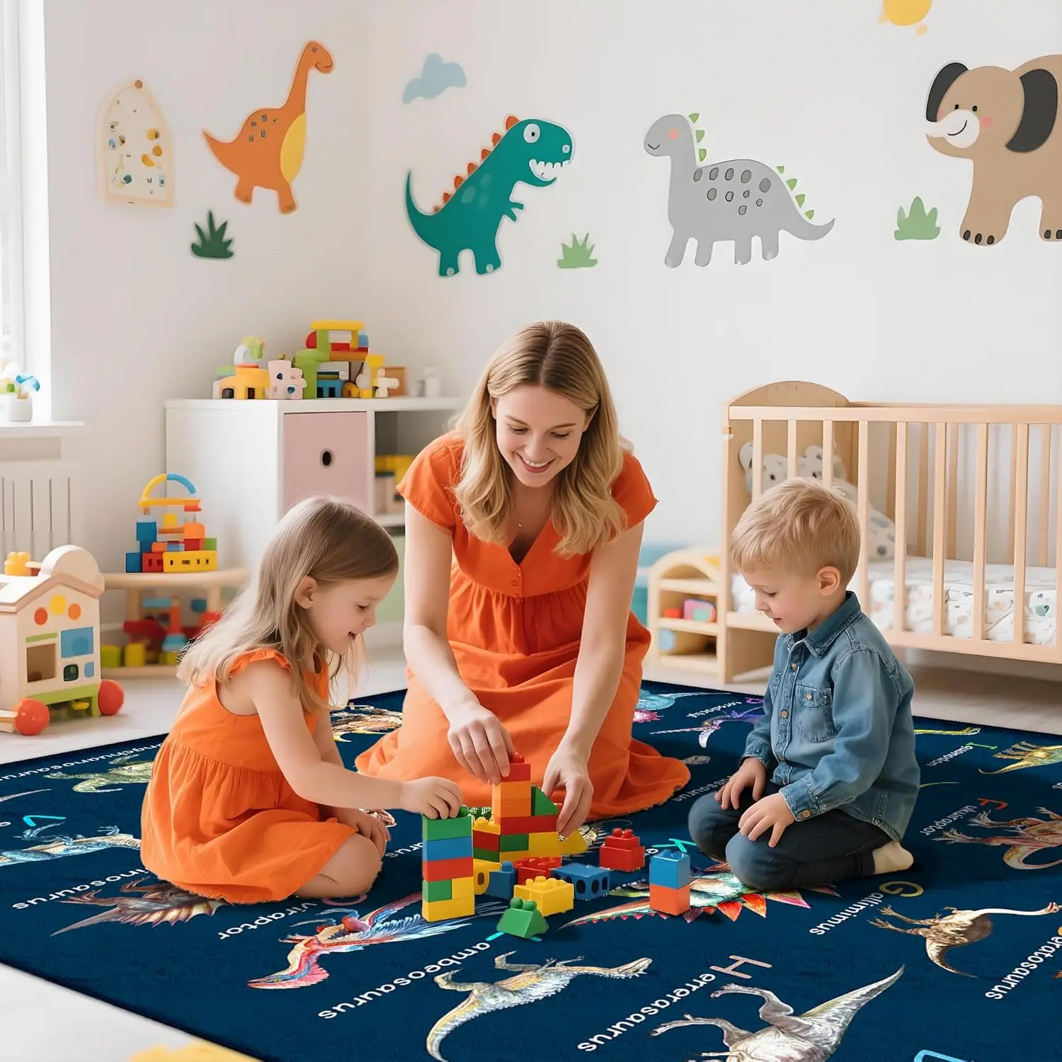 Dark Blue ABC Dinosaur Rug, Toddler Boy Educational Playroom Design, Non-Slip Washable Mat for Bedroom Lounge Game Room Indoor
