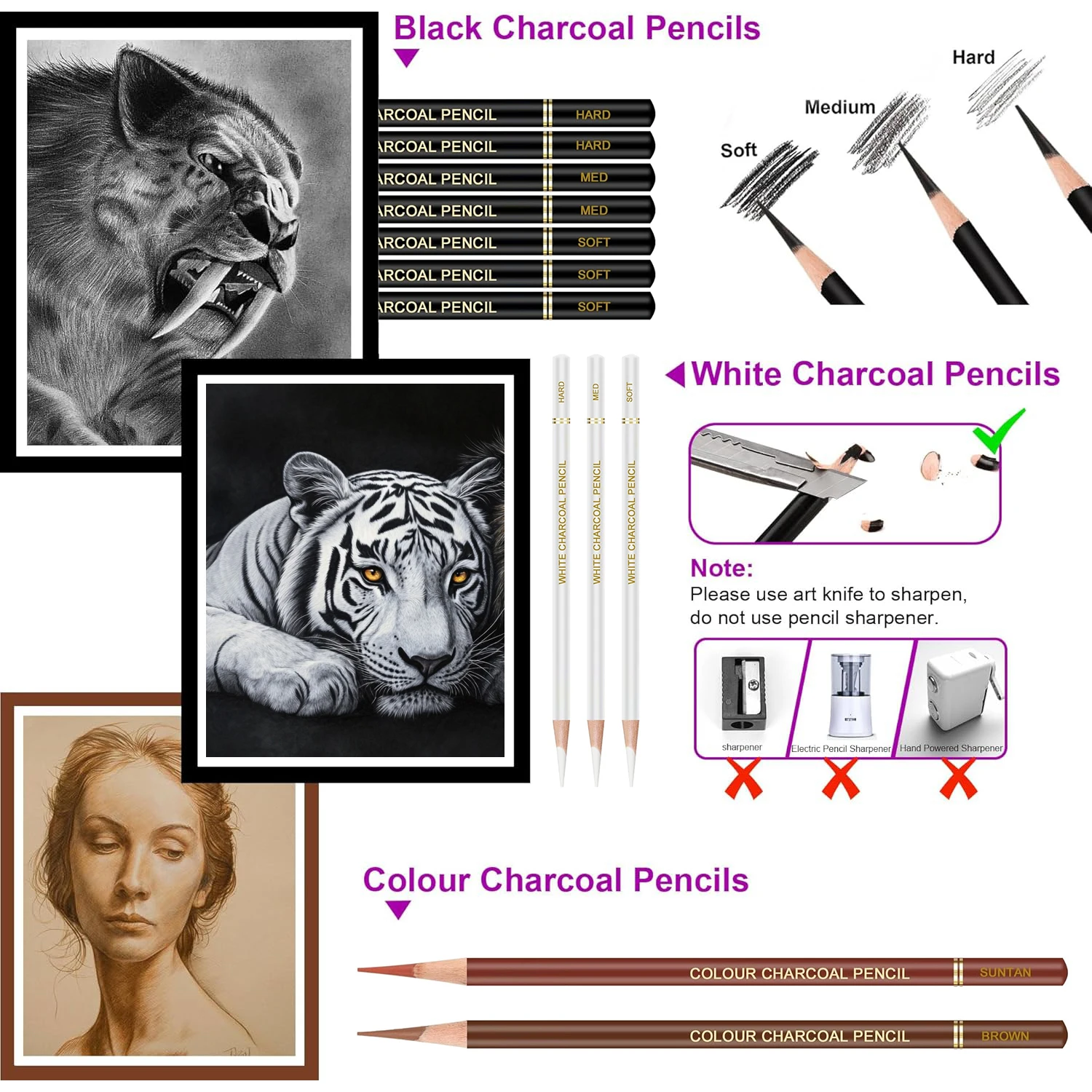 6/12 Carbon Pencil Professional White Charcoal Highlight Pencil White/Black/Colour Carbon Sketch Pencil Art Drawing Tools