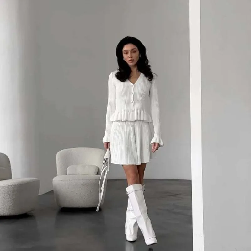 2025 Spring French Style Socialite V-neck Long Sleeved Ruffled Hem Waist Cinched Knit Skirt Two-piece Set Female Clothing