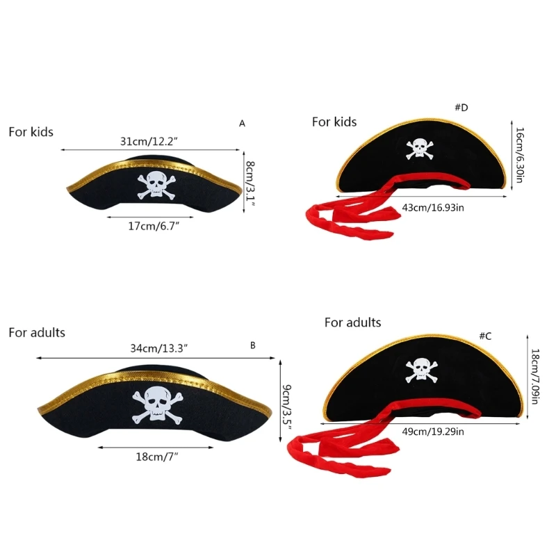 Y1UB Halloween Tricorn Hat Pirate Men Women Black Costume Cosplay Dress-up