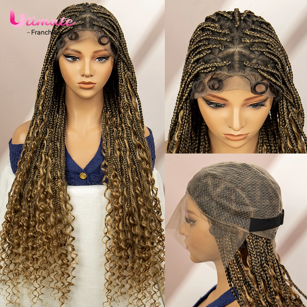 Boho  Box Braided Wigs Curly Hair Synthetic Full Lace Brown Wigs for Women Goddess Locs Braids Wig Bohemian Box Braid Wig