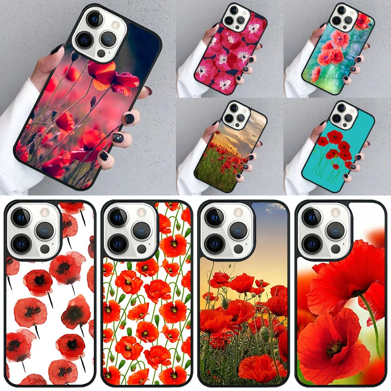 Red Poppies flowers Phone Case For iPhone 16 15 13 14 Pro Max 11 12 Mini Plus 2022 XR XS MAX Shell Cover coque