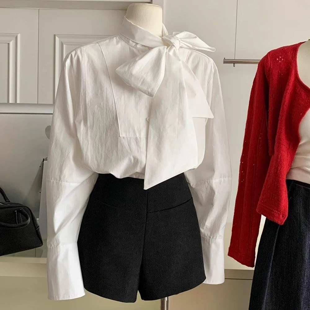 Elegant lady British style design white streamer bow shirt women's thin autumn loose long-sleeved shirt