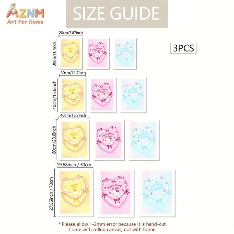 AZNM Unframed Canvas Wall Art Gudetama Hello Kitty Cinnamoroll Heart Cake Quote Sanrio Cartoon Poster Pastel Kawaii Print Girls
