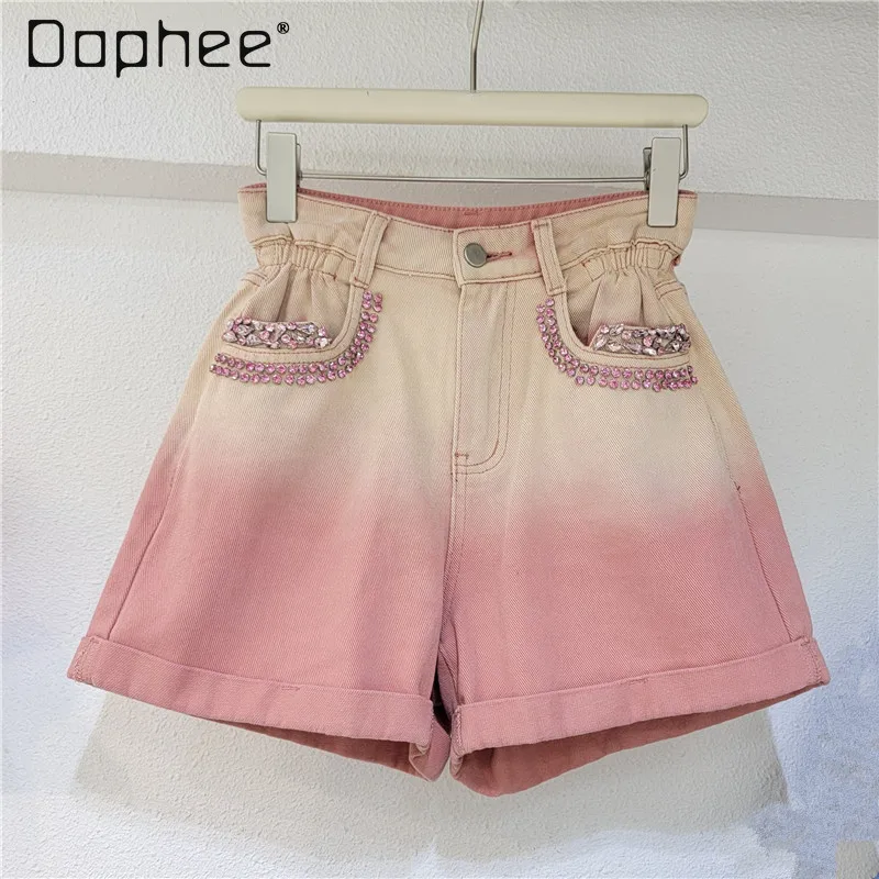 

Exquisite Rhinestone Gradient Color Curling Denim Shorts for Women 2024 Summer New High Waist Wide Leg Hot Pants Jean Shorts