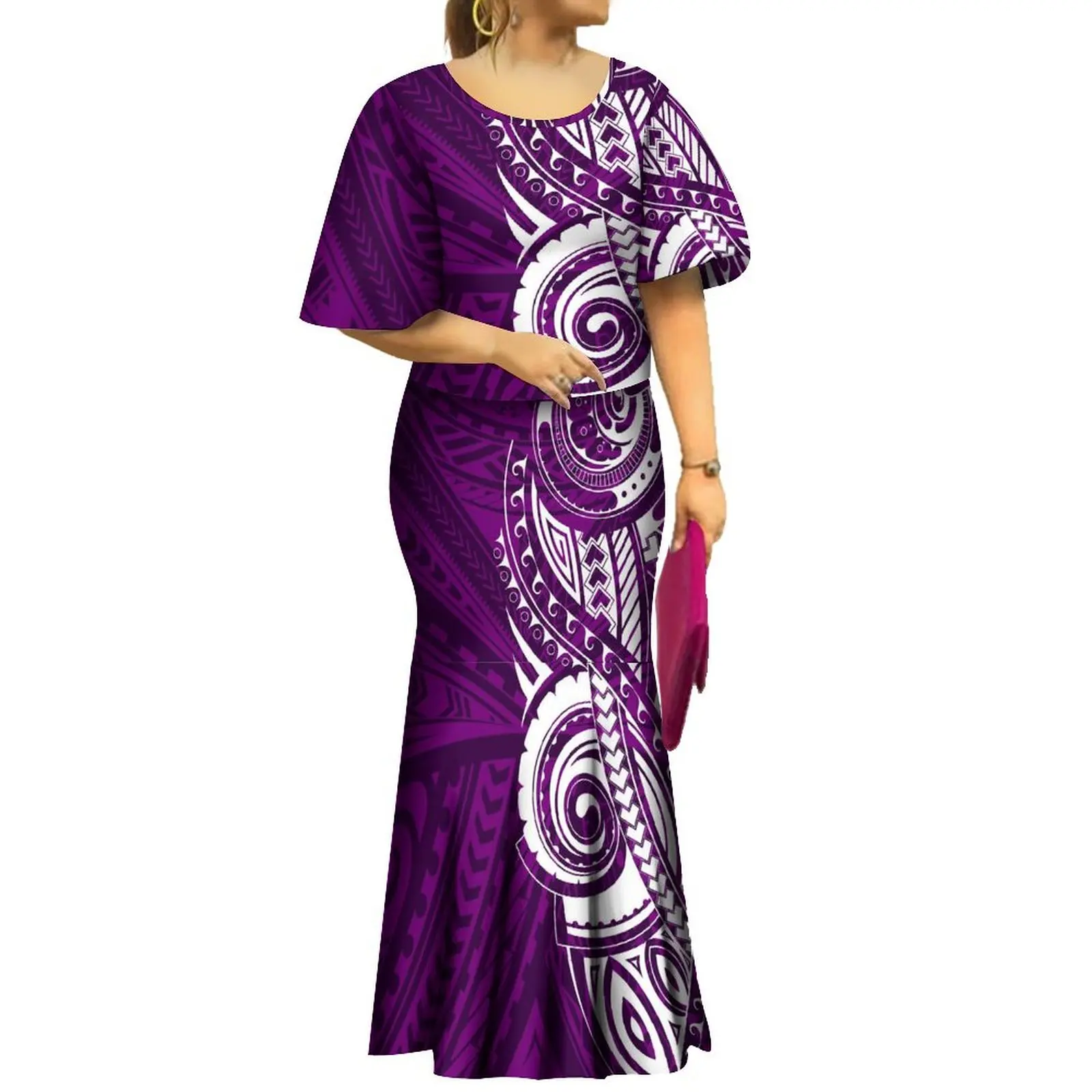 Women\'S Flared Sleeve Dress High Quality Puletasi Two-Piece Polynesian Tribe Dinner Party Elegant Fishtail Dress Plus Size 8xl