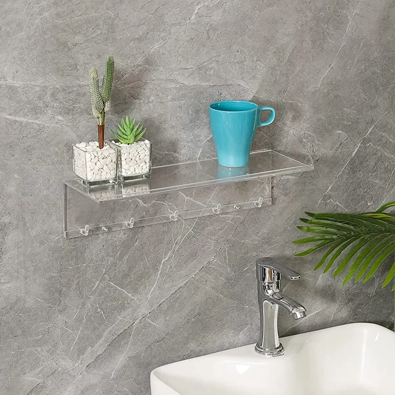 Clear Floating Shelves Display LED,2 PCS Decorative Wall Storage Shelves With Detachable Towel Hooks