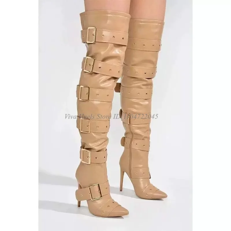 Blue Denim Sexy Sliver Buckled Thigh High Boots Women's Black Leather Pointed Toe High Heels Long Boot Luxury Design Party Shoes