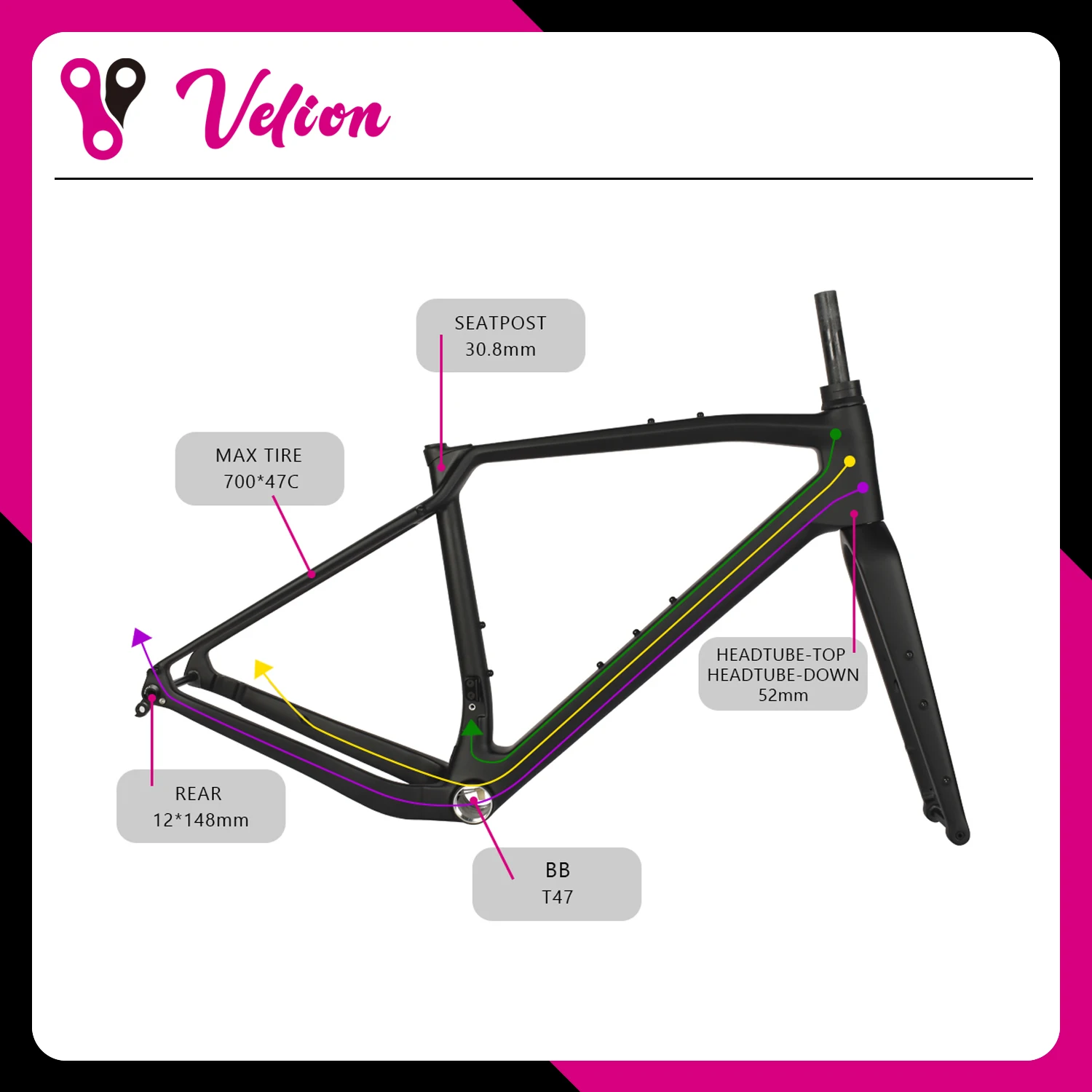 

VG02 Full Caibon Bicycle Gravel Frameset Carbon Road Frame Gravel Bike Frame Flat Mount Disc Brake 700*47C Max Use Tire BB T47