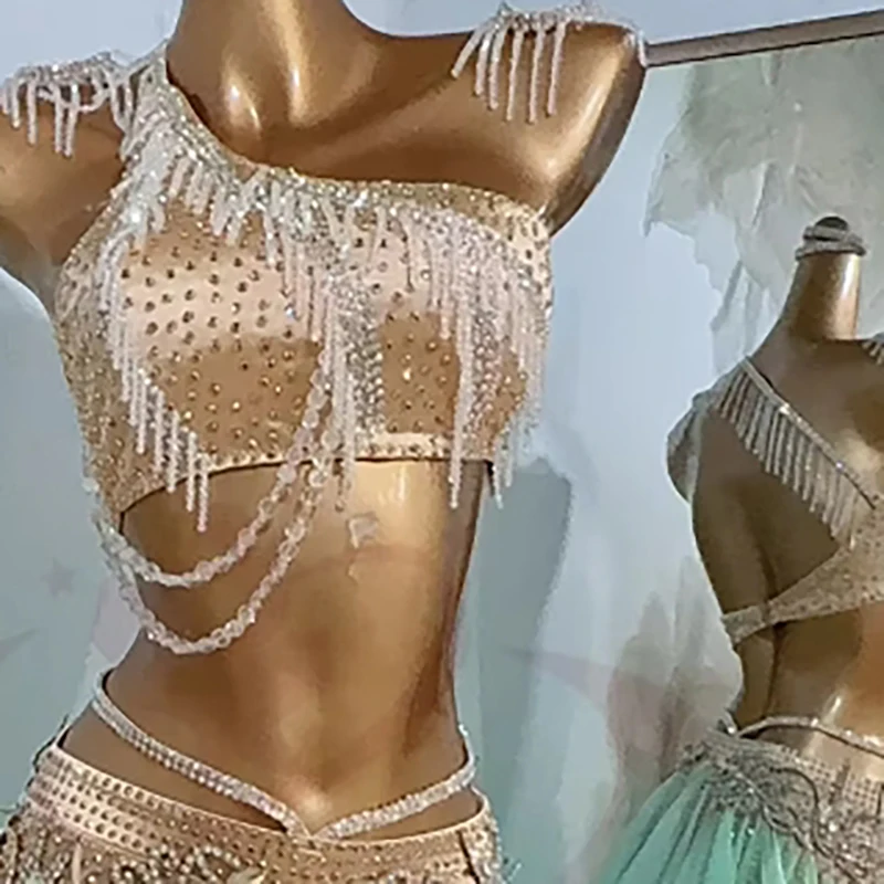 Latin Dance Competition Women's High end Customized Crystal Jewelry Split Mesh Skirt Samba Performance Water Diamond Dress