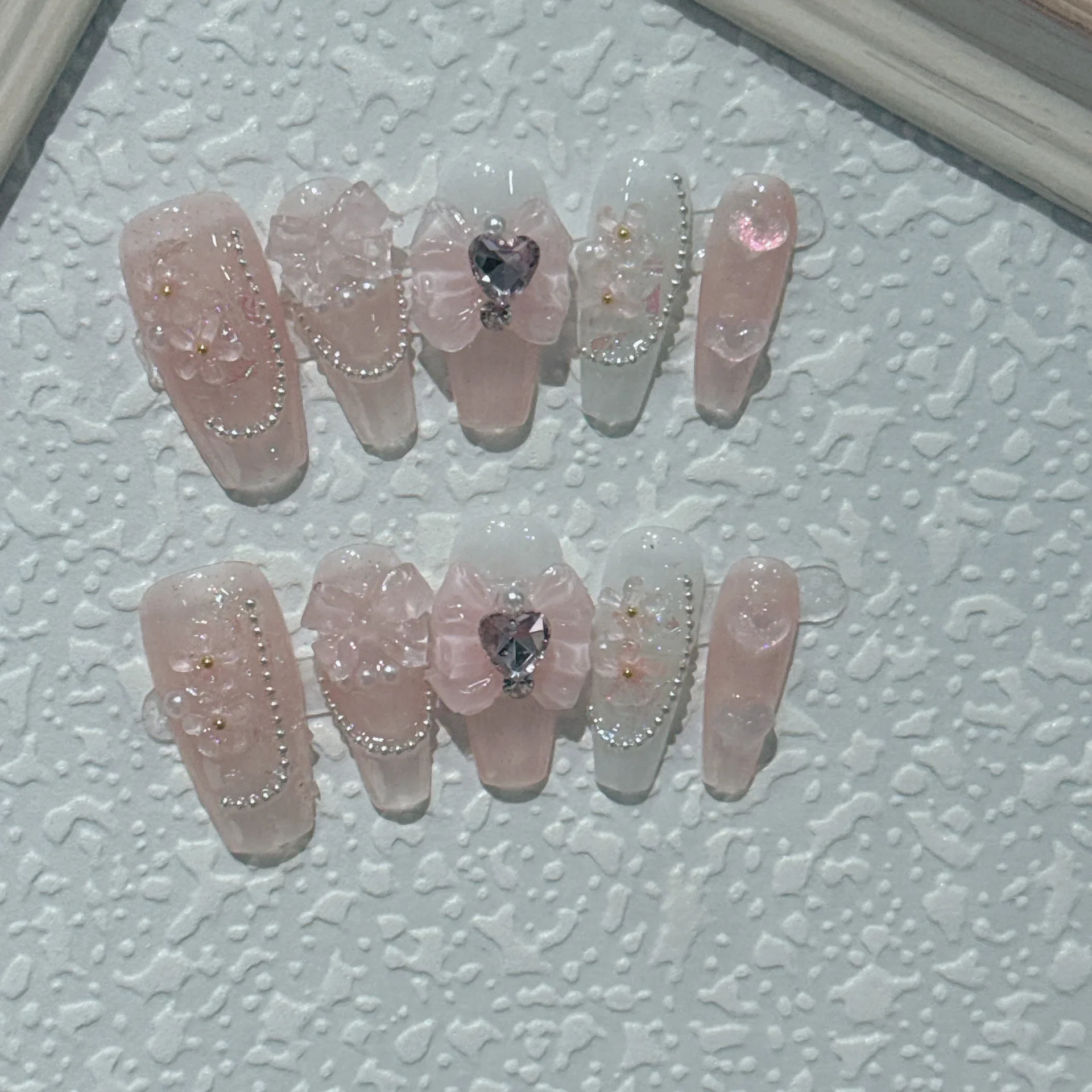 Handmade Wearable Nails Removable and Reusable Pearl Encrusted Diamond Pink Beautiful Girl Love Bow Fairy Manicure Patch