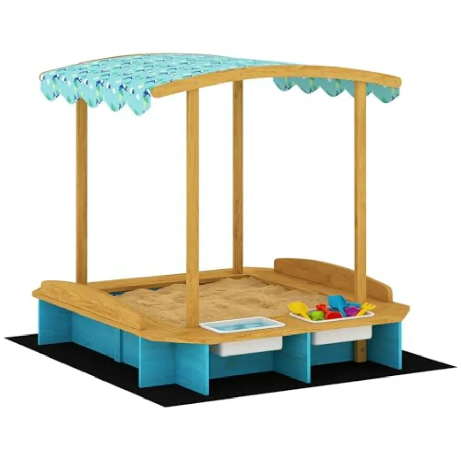 

Outdoor Wooden Sandbox with Dinosaur Print Canopy Bench Seats 2 Storage Bins and Bottom Liner Play Equipment for Ages 3-6 50 x