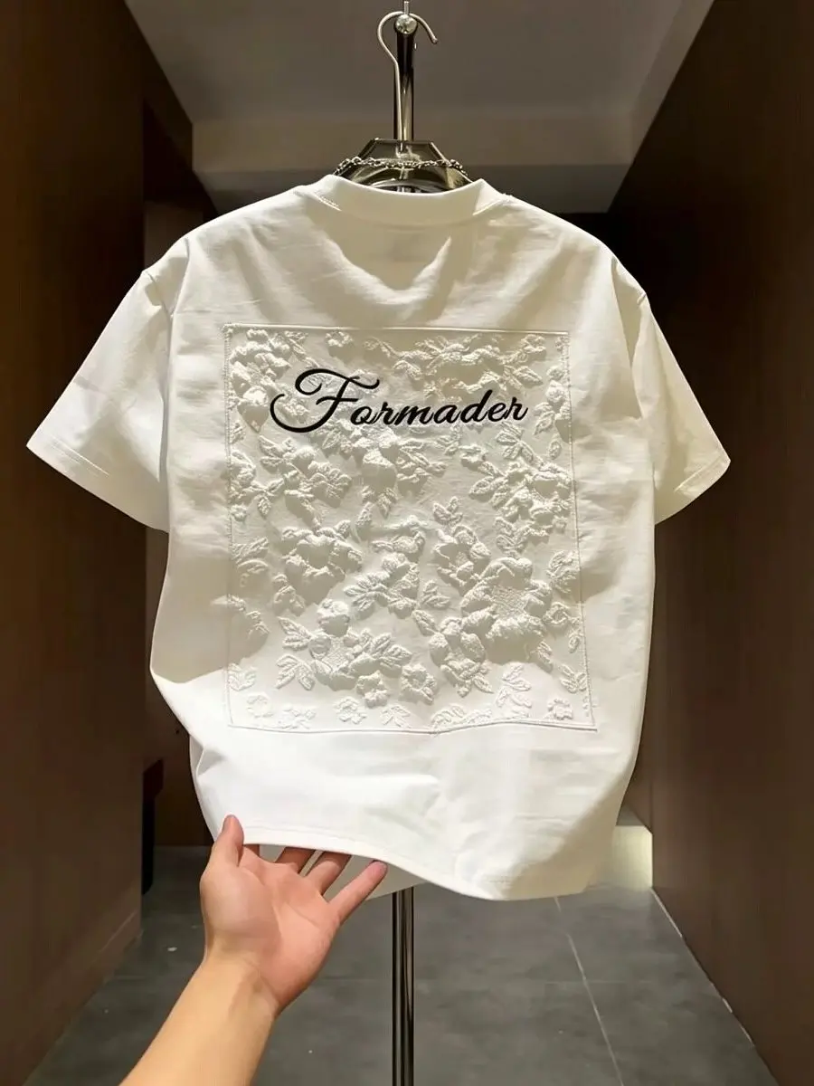 Summer New Style Men's T-shirt Embroidery Relief Floral 3D round Neck Short Sleeve Fashionable Versatile Cotton Polyester Blend
