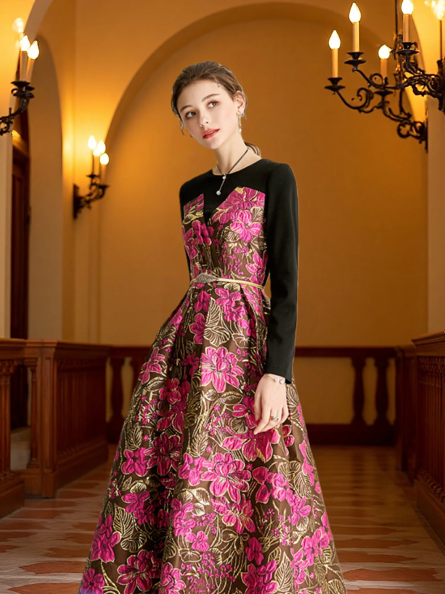 Elegant Women Long Maxi Jacquard Dress New Party Evening Spliced