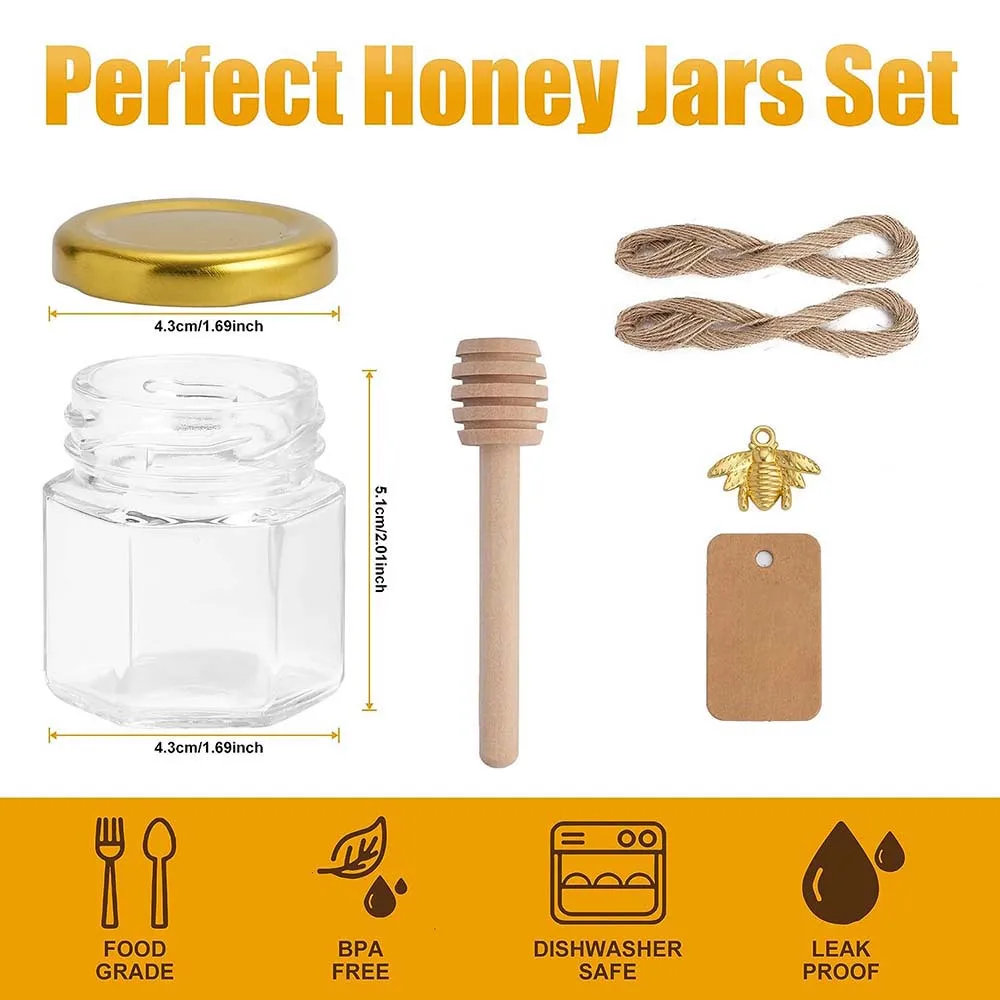 Mini Glass Honey Jars, Hexagon Small Honey Jars in Bulk, Baby Shower Favors, Tiny Honey Pot for Wedding and Party Favors, 1.5 oz