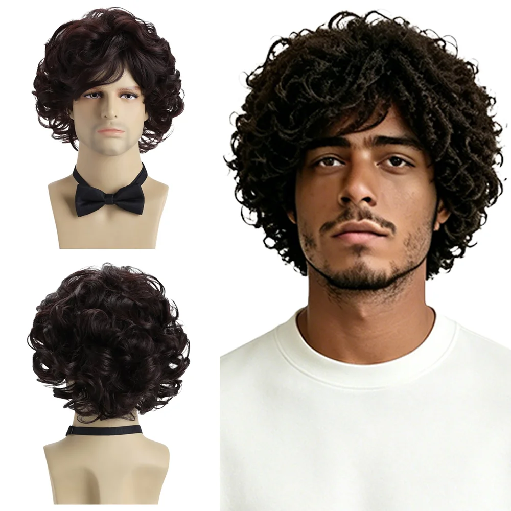

Short Curly Wig For Black Men Dark Brown Natural Fluffy Men's Wig Glueless Easy Wear Heat Resistant Synthetic Hair Daily Use