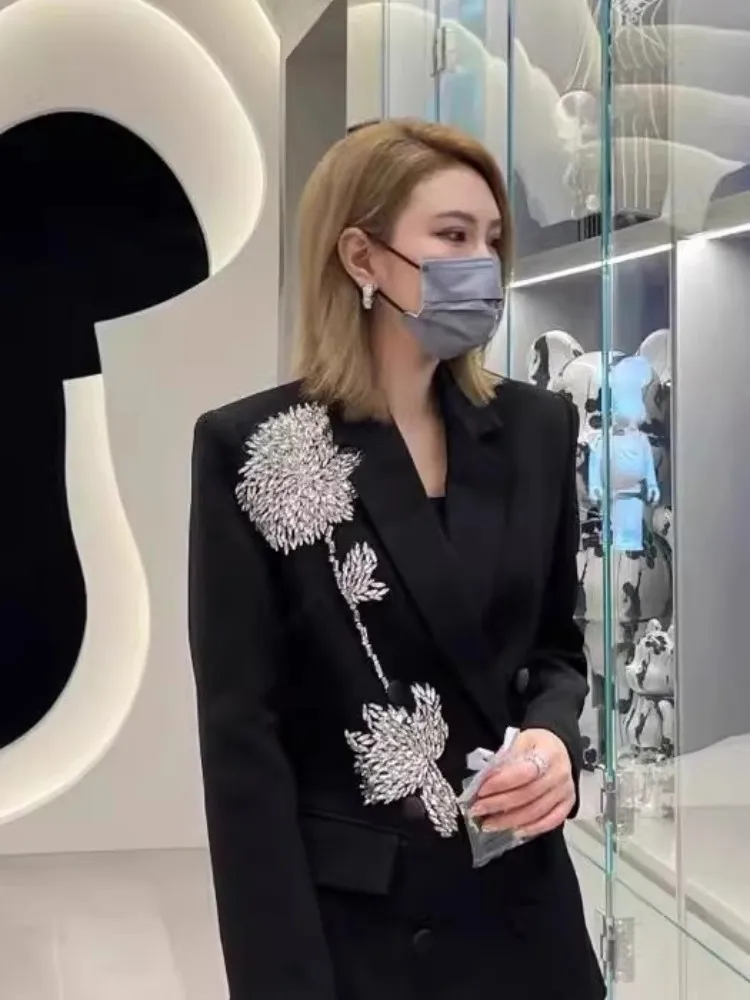 Fashion Female Beading Flower Splicing Blazers Single Piece Casual Suit Double Breasted Loose Fit Coats Elegant Office Lady