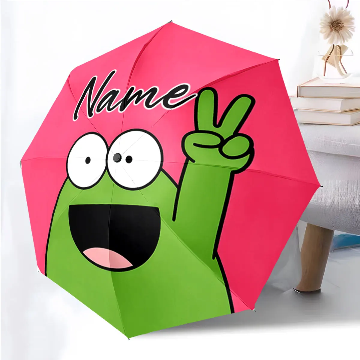 Custom Name Cute Cartoon Character Pink and Green Umbrella Print 8 Iron Ribs Folding Umbrella Auto-Open Fashion Sunshade