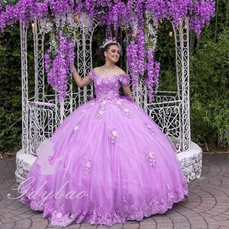 Vestido Quinceanera roxo para menina, Vestido de baile, Puffy 3D Floral Applique, Concurso de aniversário doce princesa, Vestido de noite