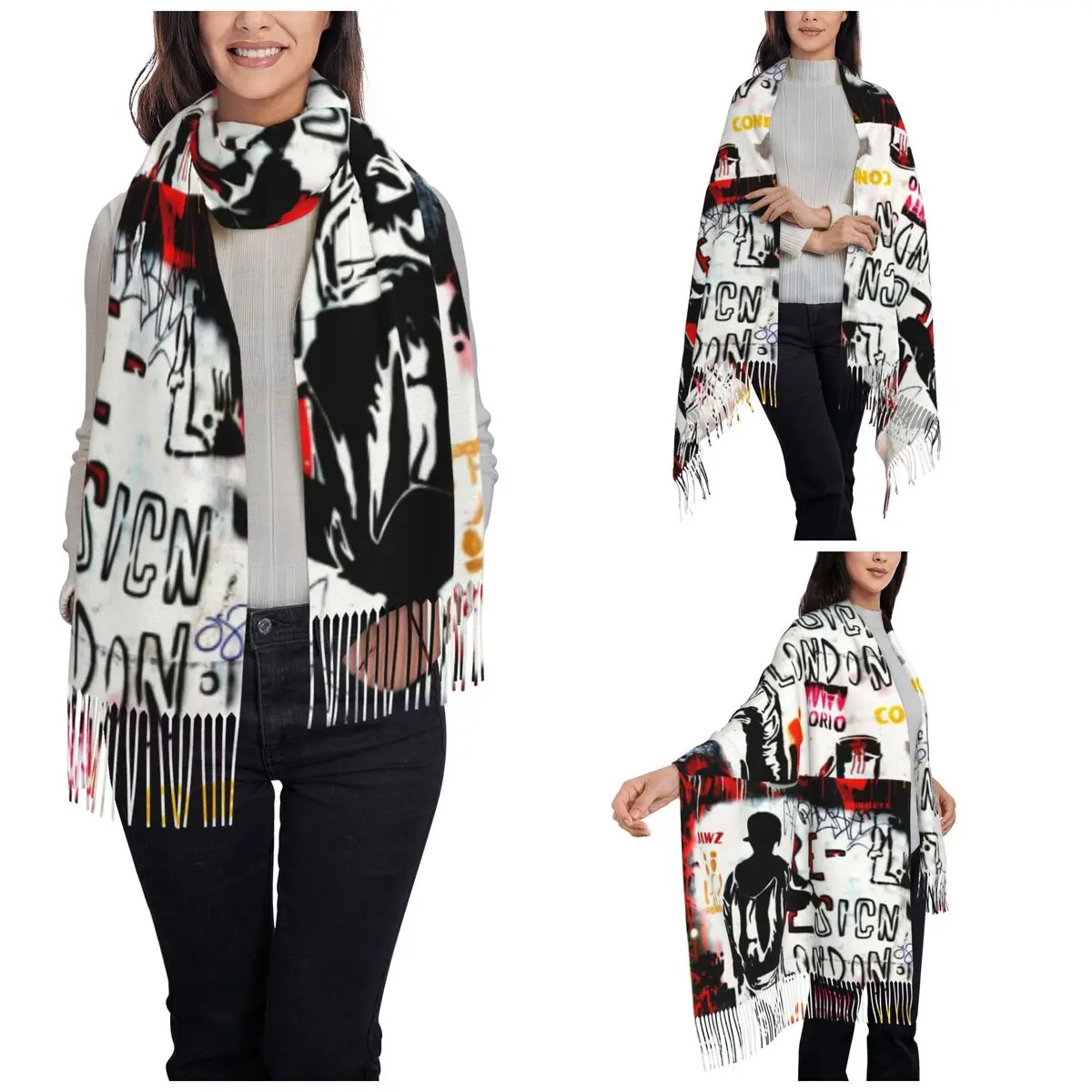 Womens Scarf with Tassel Redesign London Banksy Long Winter Warm Shawl Wrap Gifts Pashmina Scarves