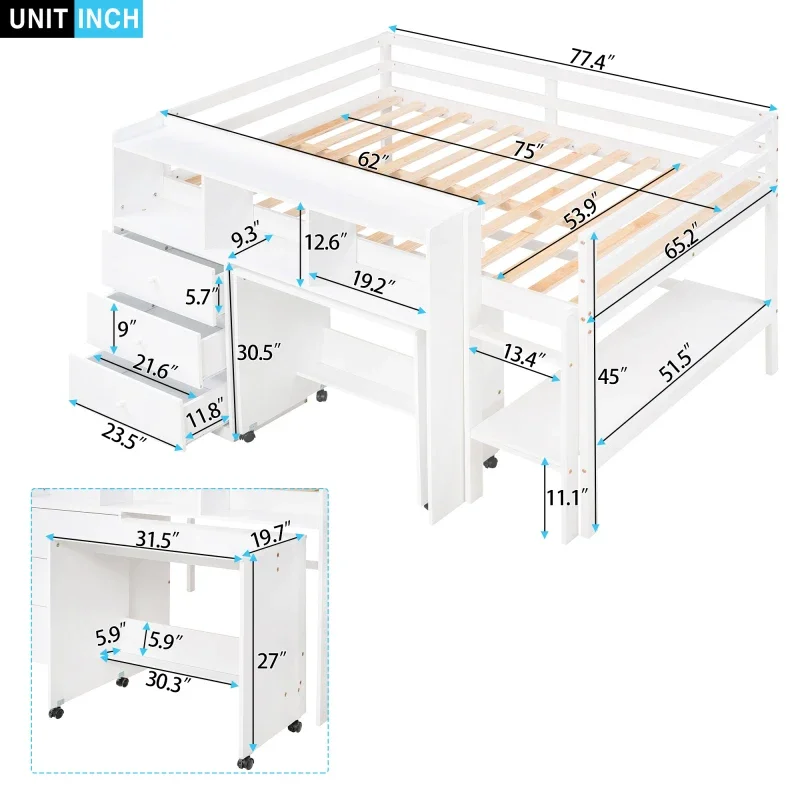 Full Size Low Loft Bed with Rolling Portable Desk, Drawers and Shelves,Storage Space Available, Suitable for Children\'s Room