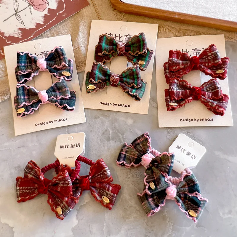 

Красно-зеленые тканевые заколки-бантики в клетку для детей, 2 шт. в паре, заколки для челки, резинки для волос, милые аксессуары для маленьких девочек
