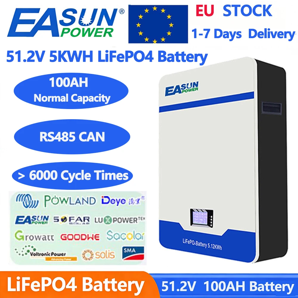 Batterie EASUN LiFePO4 48V 100AH 6000+ cycles Bluetooth 51.2V 5KW Lithium pour stockage d'énergie solaire BMS pour onduleur STOCK UE