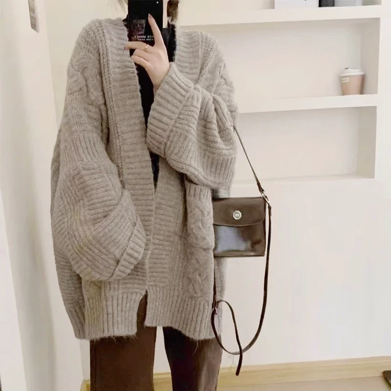 

Korean Loose Knitted Cardigan Women Autumn Winter Thick Pocket Sweater Jacket Fashion Casual Solid Coat Medium Long