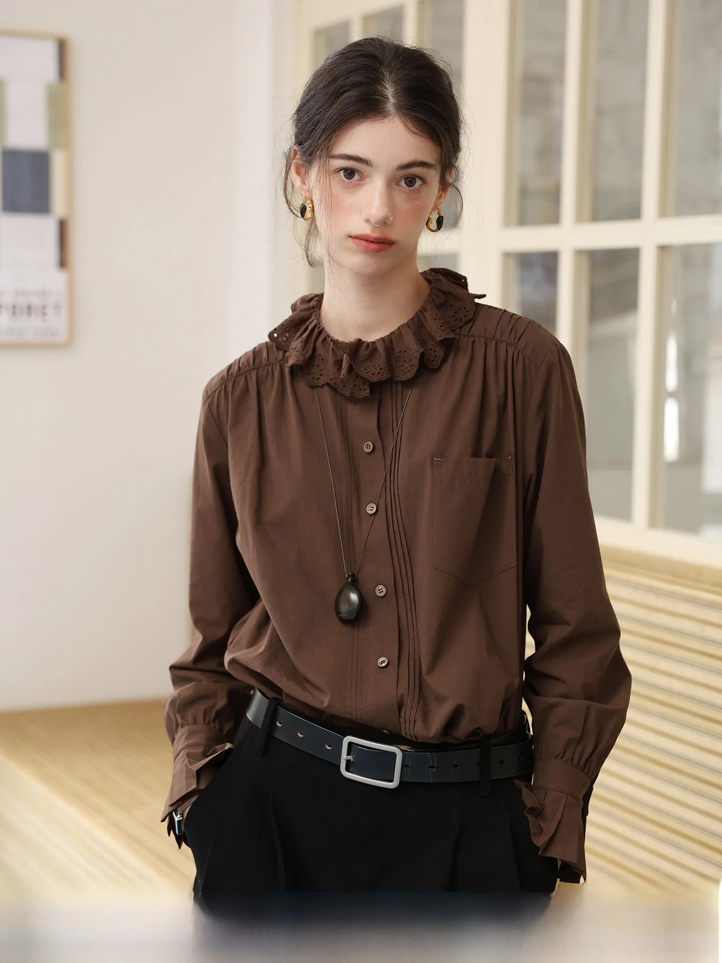

Romantic Pleated Bell Sve irt Vintage Ele Sle Cotton Polyester Blend Long Sve Women's irt Fall Collection
