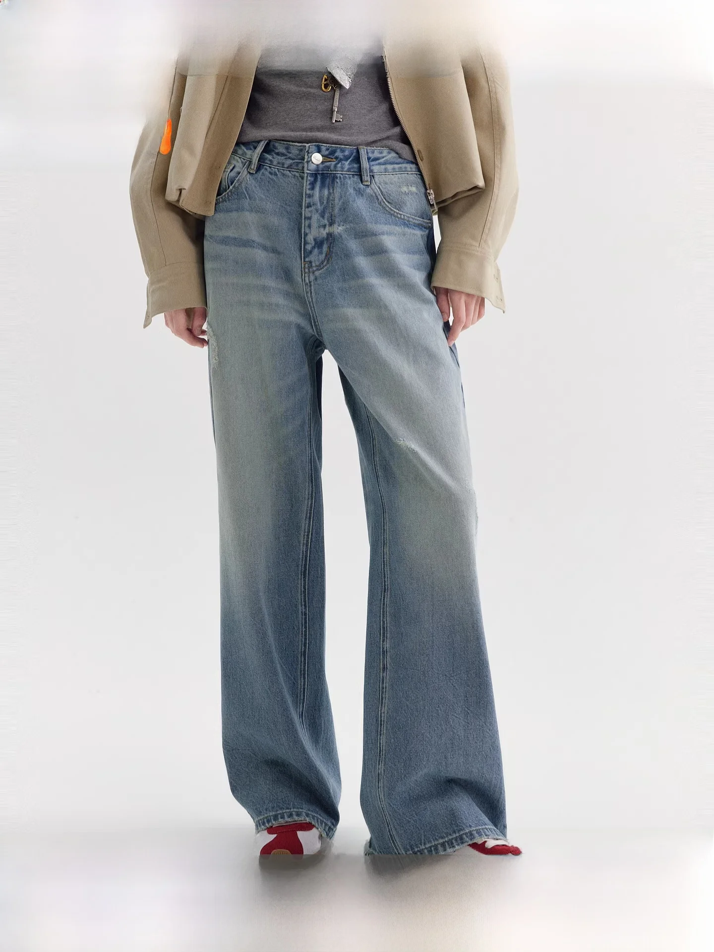 

Fano High Waist Wide Leg Straight Jeans Women's Spring New Style Ripped Frayed Denim Pants American Retro Style Commute Wind