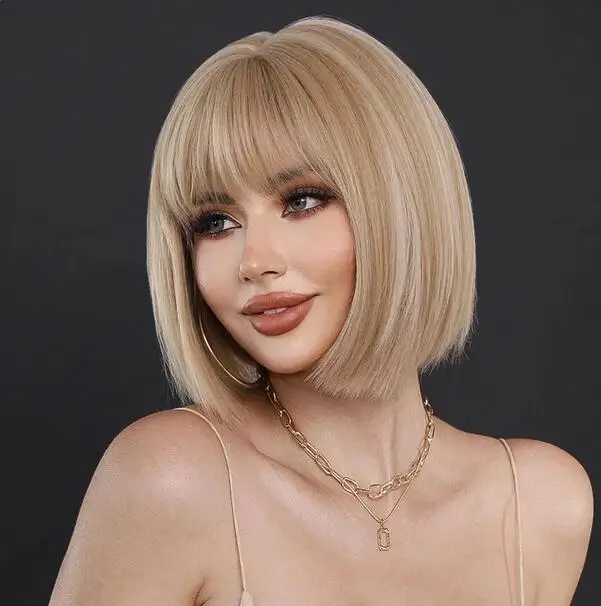 Short straight blonde wig for women's daily role-playing Lolita wig highlights white Bob wig synthetic hair heat resistant