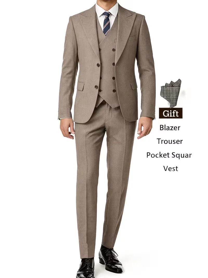 Khaki Men 3 Piece Double Breasted Suit Slim Fit Formal Wedding Business Blazer Trousers Vest With Free Pocket Square
