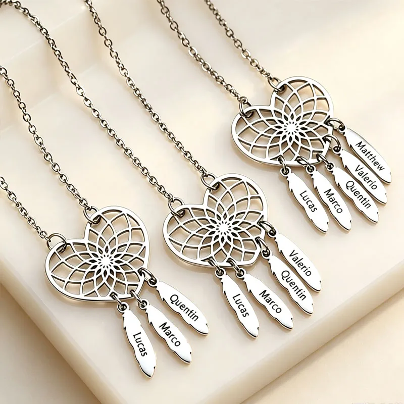 DUOYING Dream Catcher Custom Name Necklace Heart Shaped Hollow Pendant Personalized Feathers Accessorie Perfect Gift For Friend