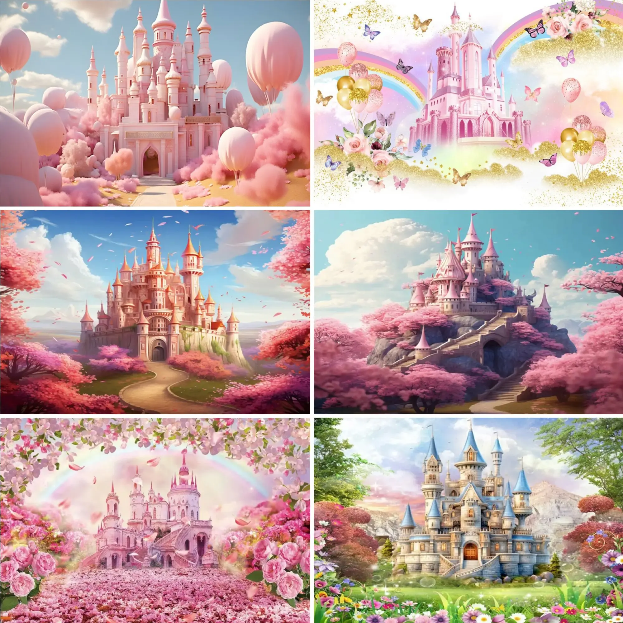 

Flower Fairy Tale Rainbow Castle Theme Dream Princess Birthday Party Background Decoration Girl Baby Bath Photography Background