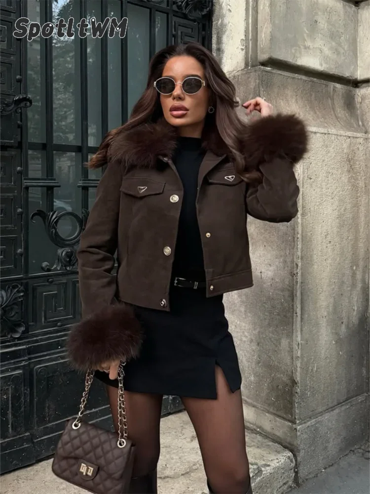 Women's Faux Suede Cropped Jacket Faux Fur Collar Cuffs Button Pocket Slim Coats Winter Warm Streetwear Lady Casual Outerwear