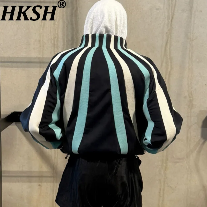 HKSH Spring New Men Tide Chic Knitted Patchwork Jacket Striped Casual Sport Couple Coat Color Contrast Punk Techwear Ins HK10512