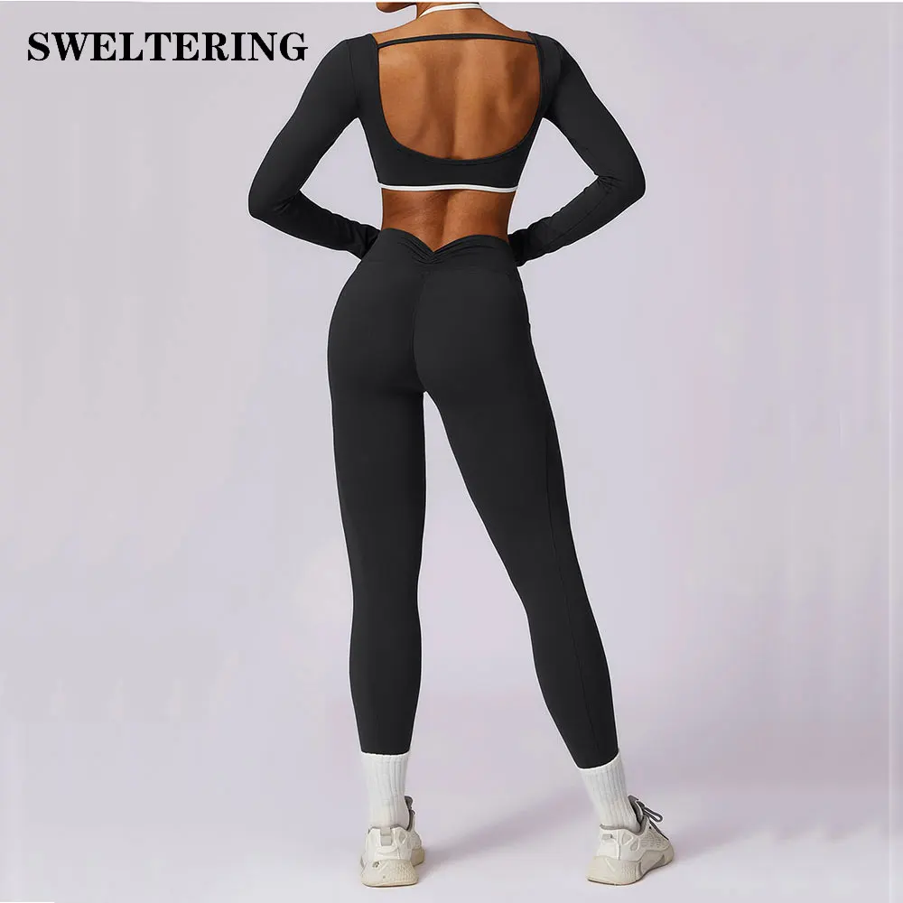 Dwuczęściowy damski dres do jogi, zestaw sportowy, odzież do ćwiczeń, ubrania na siłownię, fitness, top z długim rękawem, legginsy z wysokim stanem, komplety sportowe.
