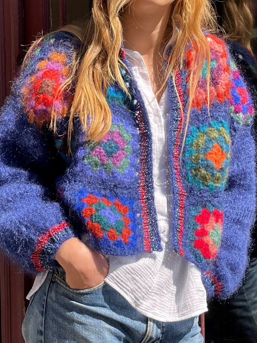 BOHO Colored Plaid Flower Hand Crochet Cardigan Vintage Woman O neck Long sleeve Open Stitching Sweater Knitwear Jumper