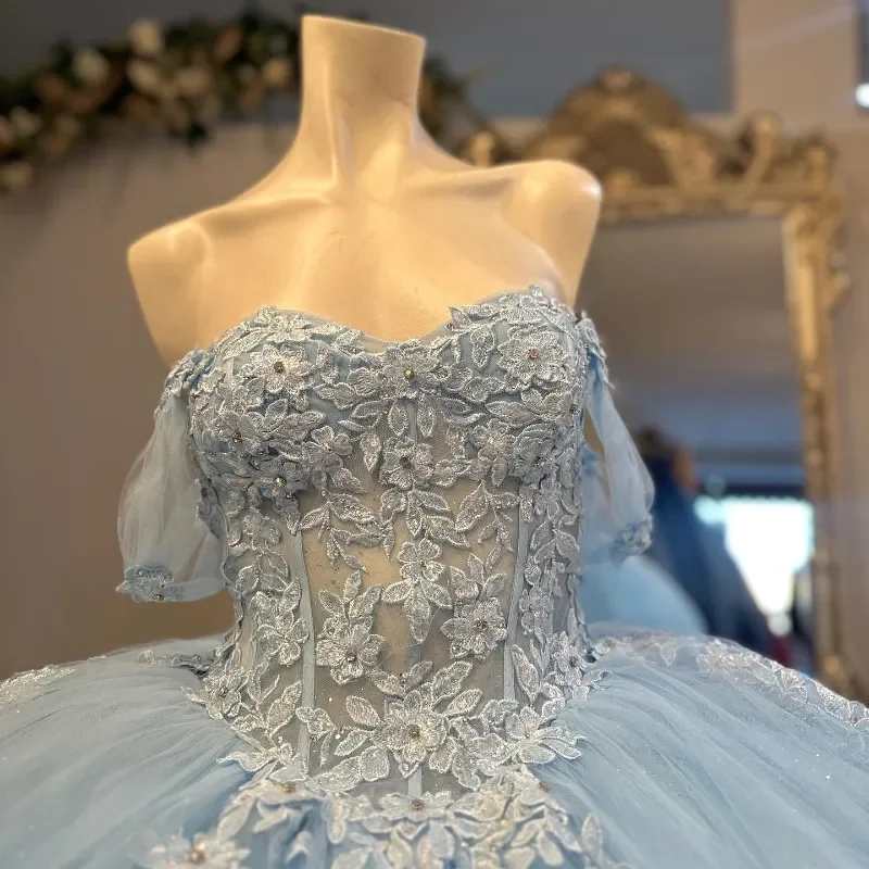 Vestidos De quinceañera para niñas, corsé con cuentas De encaje, apliques De hombros descubiertos, color azul claro, 15 De XV