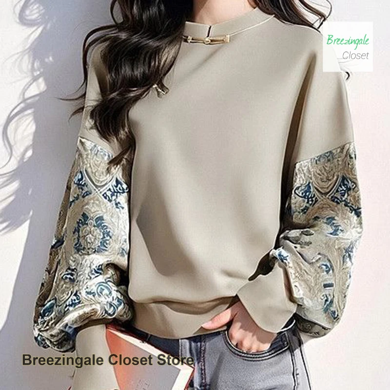 

New Chinese style national style design sense plate buckle stitching sweater autumn and winter temperament long sleeve T-shirt