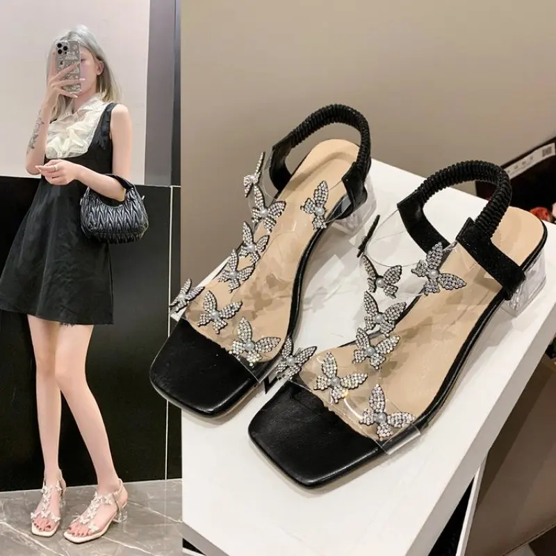 Summer Women Sandals Pvc Crystal Flower Decoration Chunky Heel Peep Toe Back Strap Elastic Band Elegant Fashion Shoes Ladies New