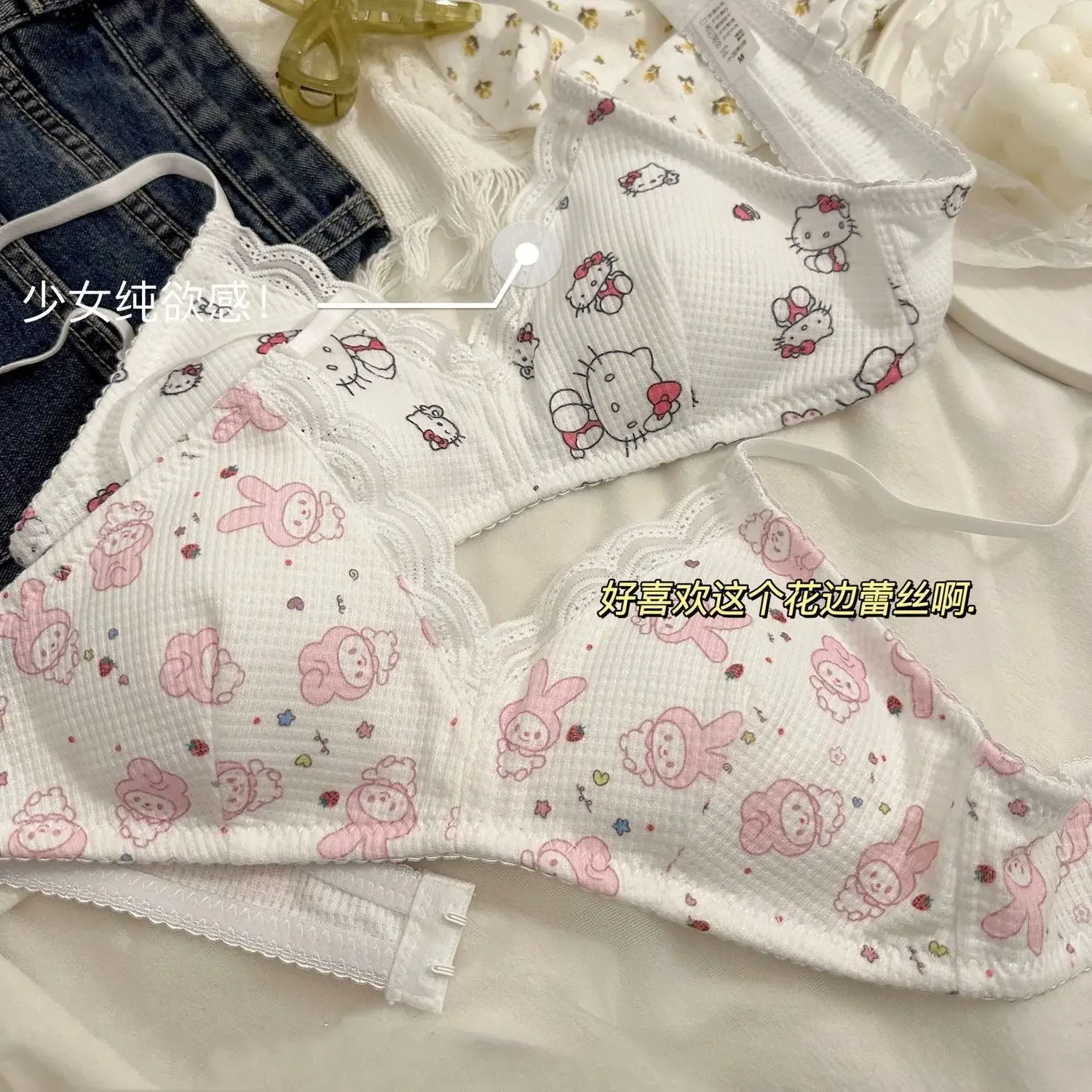 Sanrios My Melody Hellokittys Thin Push-up No Rims and No Empty Triangle Cup Anime Kawaii Cartoon Sweet Bra Panties Set Gift