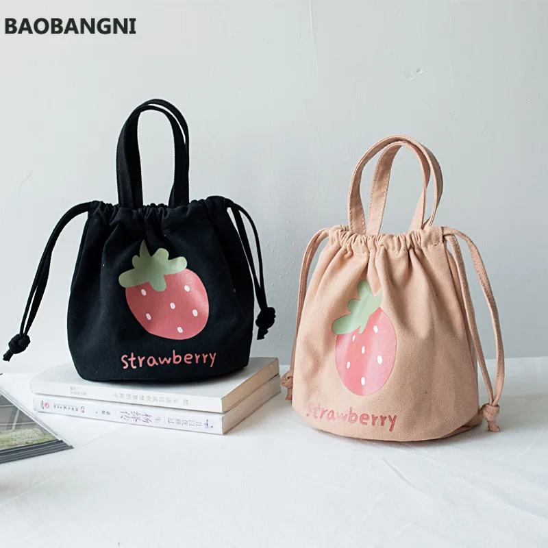 Mini Canvas Drawstring Bag Female Cartoon Strawberry Handbag Bucket Bag Lunch Box Small Cloth Bag Women Tote Food Bags