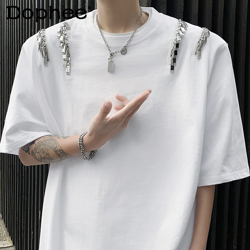 

2024 Men's Summer Metal Decoration Padded Shoulder T-shirts Short Sleeve High Street T-shirt Boys Handsome Solid Color T-shirts