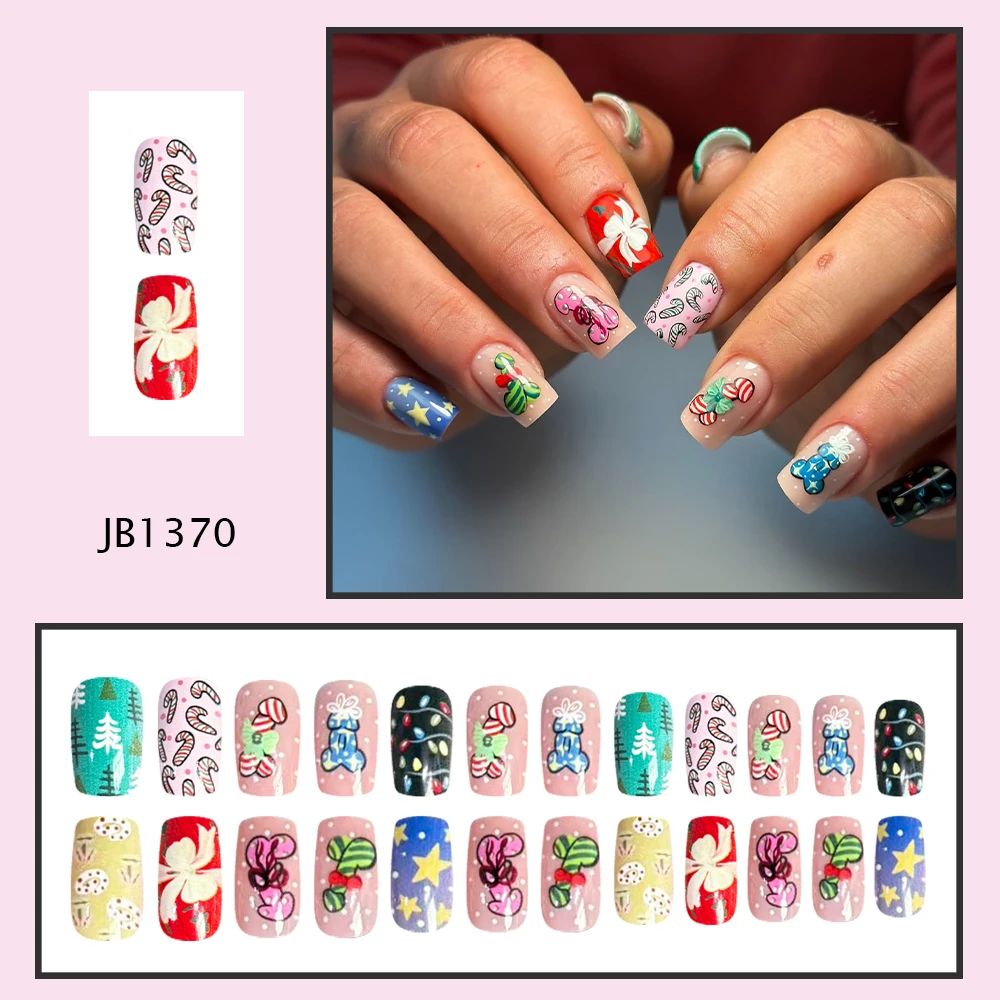 Cute Multicolor Christmas Fake Nails Square Gingerbread Candy Cane Bow Print Reusable Press‑on Nails Girls Holiday